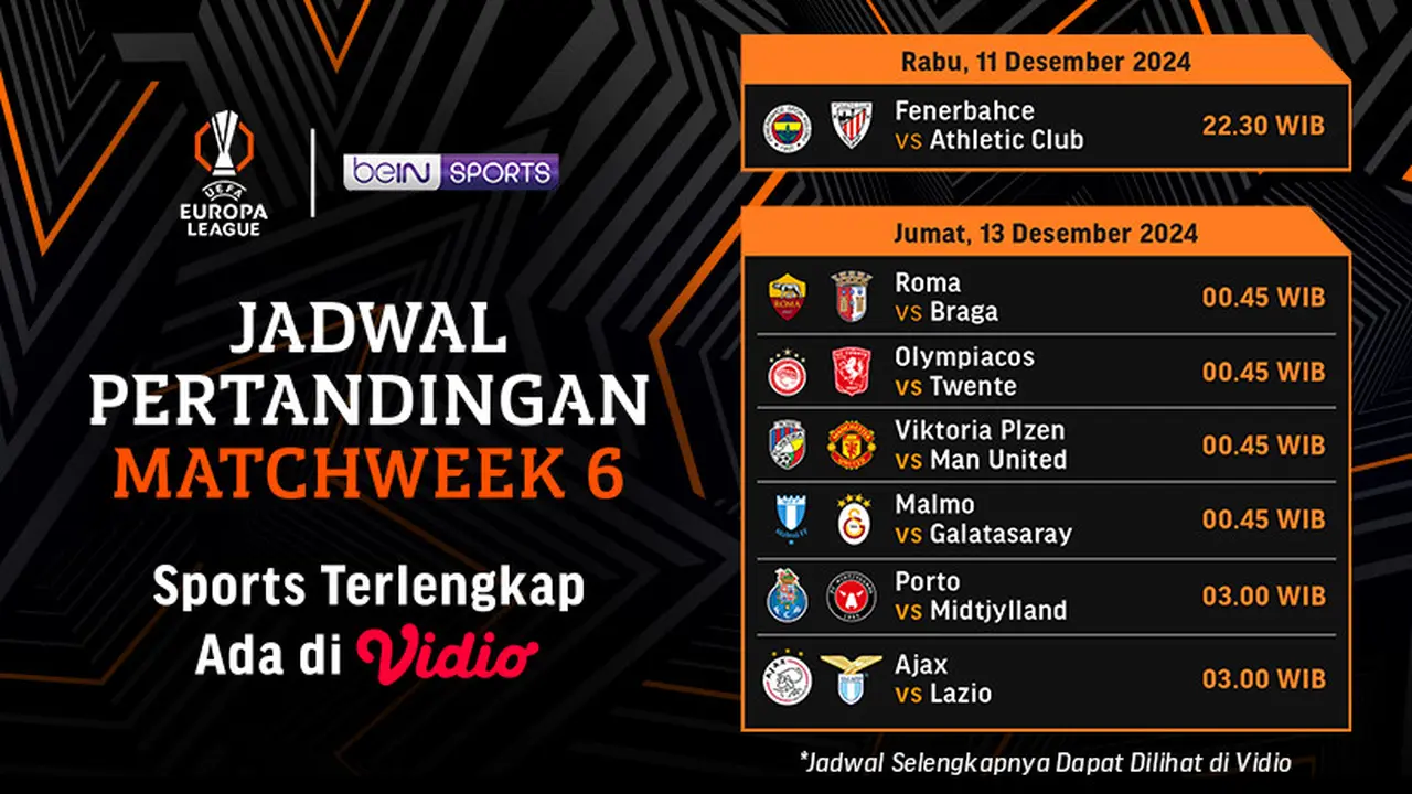 Jadwal Liga Europa 2024/2025 Matchweek 6