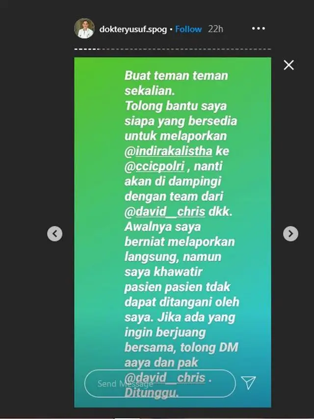 Unggahan Dr. Muhammad Yusuf, (Foto: Instagram @dokteryusuf.spog)