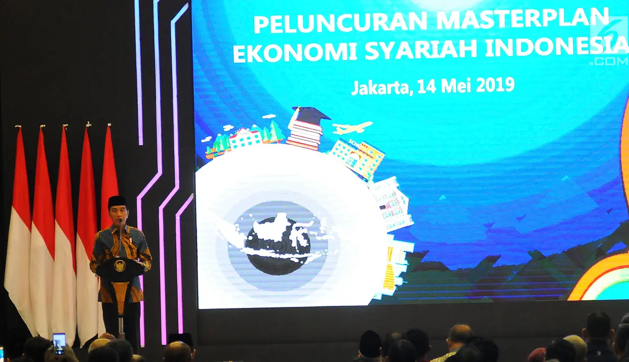 Presiden Joko Widodo memberi sambutan saat peluncuran Masterplan Ekonomi Syariah Indonesia (MEKSI) 2019-2024 di Kantor Bappenas, Jakarta, Selasa (14/5). Peluncuran peta jalan pengembangan ekonomi syariah di Indonesia guna mendorong peningkatan pertumbuhan ekonomi nasional.(Liputan6.com/Angga Yuniar)