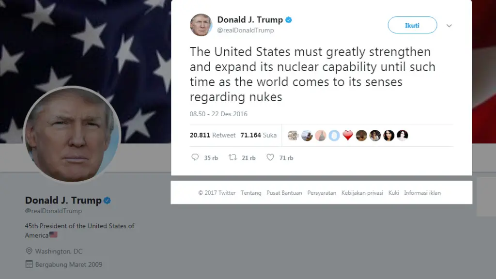 Donald Trump ingin perkuat supremasi nuklir Amerika Serikat (Twitter/@realDonaldTrump)