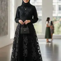 Gamis A-Line Hitam dengan Aksen Renda Manset/ Ilustrasi Gemini AI