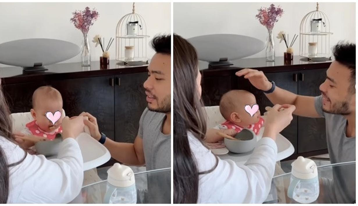 Ini adalah tangkapan layar video singkat ketika Mila menyuapi Kyarra, sementara Yakup menghibur Kyarra agar mau makan. Kyarra sesekali melihat sang ayah dan mengukuti gerakan mulutnya. Yakup Hasibuan pun memuji sang putri ketika berhasil suap makanannya. Penuh kehangatan, tak sedikit yang memuji keluarga kecil Mila dan Yakup Hasibuan di momen ini. (Liputan6.com/IG/jscmila)