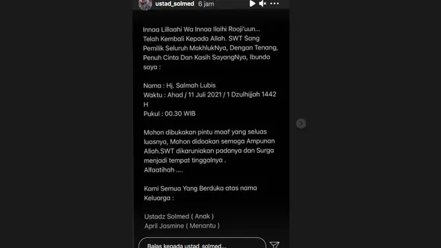 Kabar Duka, Ibunda Ustaz Solmed Meninggal Dunia