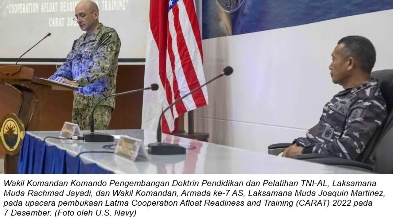 Korps Marinir dan Angkatan Laut AS memulai latihan Cooperation Afloat Readiness and Training (CARAT) Indonesia 2022 bersama TNI Angkatan Laut dan Korps Marinir (KORMAR RI) di Surabaya pada 7 Desember 2022 (Kedubes AS).