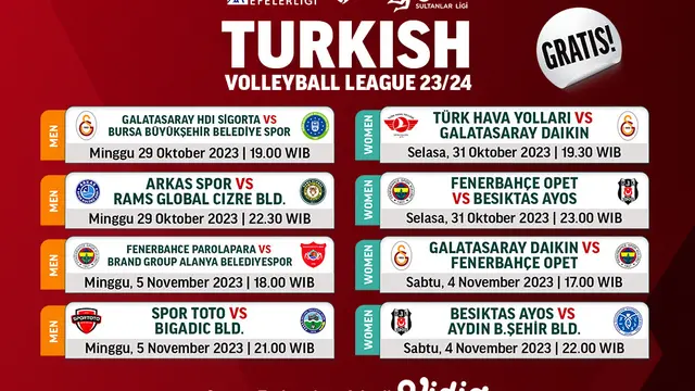 Jadwal dan Link Streaming Turkish Volleyball League 23/24: Week 3 di Vidio