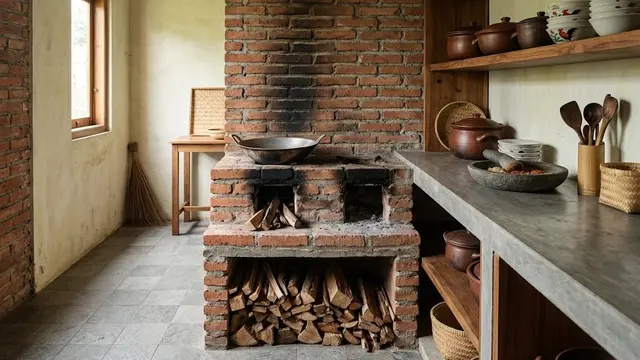 Dapur Tungku Bata Ekspos dengan Nuansa Rustic