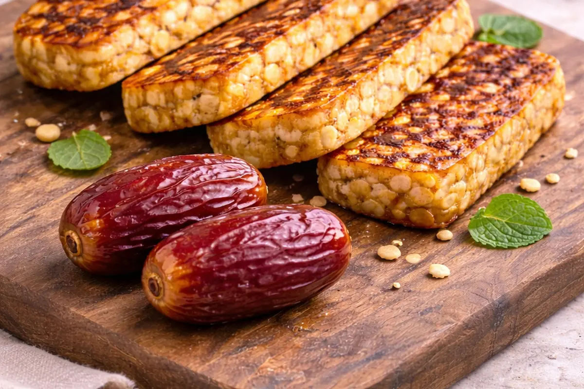 Salah satu ide menu sahur dari pakar gizi IPB, kurma dan tempe. (Foto: AI)