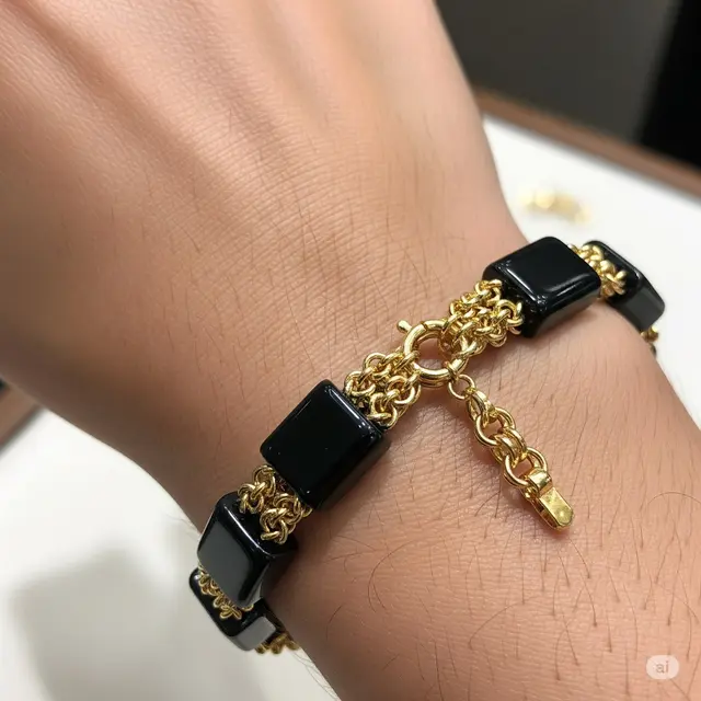 Gelang Giok Hitam Modern dengan Chainmail Emas