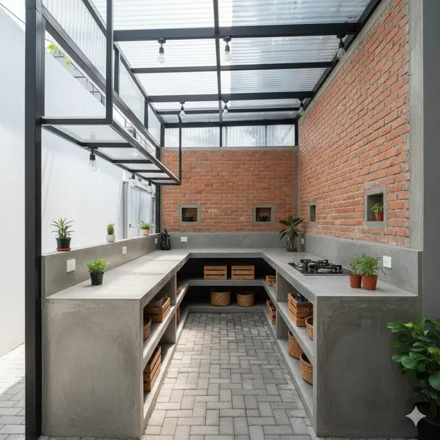 Desain Dapur Terbuka di Gang Sempit dengan Atap Fiber dan Meja Semen. Gemini