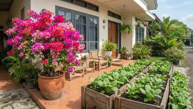 Inspirasi Taman Teras dengan Bunga Hias dan Sayuran Daun
