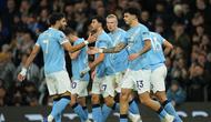 Skuad Manchester City merayakan gol Nico O'Reilly ke gawang Newcastle di pekan ke-27 Liga Inggris 2025/2026 di Etihad Stadium, Minggu (22/02/2026) dini hari WIB. (AP Photo/Jon Super)