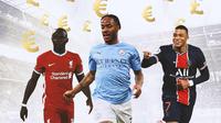 Ilustrasi - Euro dan Pounds, Sadio Mane, Raheem Sterling, Kylian Mbappe (Bola.com/Adreanus Titus)