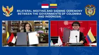 Penandatanganan kerja sama bilateral antara Indonesia dan Kolombia oleh kedua Menteri Luar Negeri secara virtual pada Rabu, 5 Agustus 2020. (Dok: Kemlu RI)