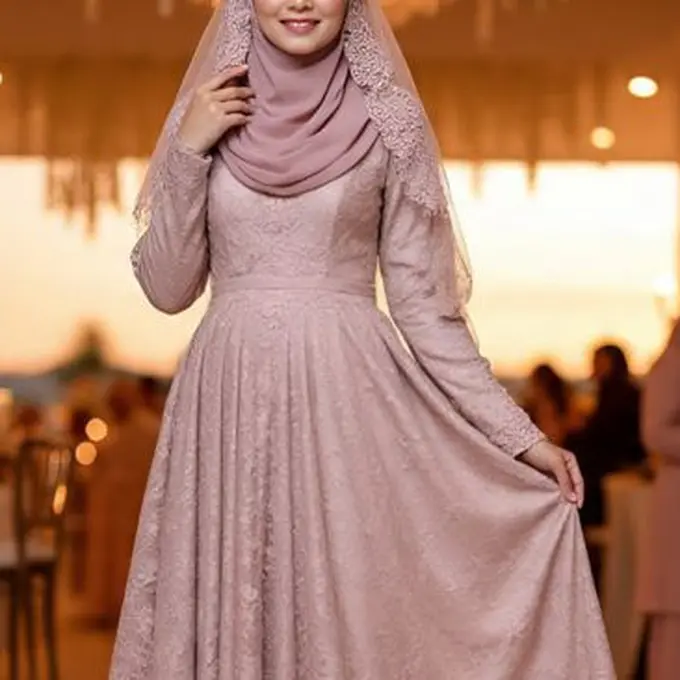Ilustrasi Model Gamis Brokat Warna Dusty Pink (Sumber Gambar: Meta AI)