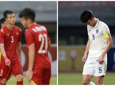 Kolase foto dari ekspresi pemain Vietnam U-19, Trinh Hoang Canh (kiri) dan pemain Thailand U-19, Chanapach Buaphan (kanan) usai dikalahkan masing-masing tim di semifinal Piala AFF U-19. Kekalahan Vietnam dan Thailand di semifinal ini bak karma yang harus mereka terima usai membuat Timnas Indonesia U-19 tersingkir di Piala AFF U-19 2022.