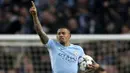 Striker Manchester City, Gabriel Jesus, melakukan selebrasi usai mencetak gol ke gawang Liverpool pada laga leg kedua perempat final Liga Champions di Stadion Etihad, Rabu (11/4/2018). Manchester City takluk 1-2 dari Liverpool. (AP/Tim Goode)