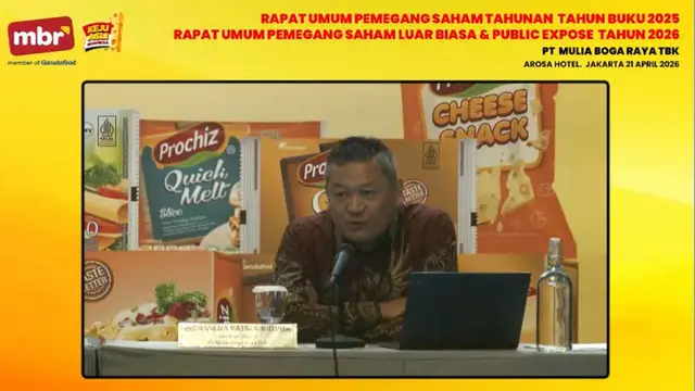 Direktur Utama PT Mulia Boga Raya Tbk (KEJU), Indrasena Patmawidjaja saat paparan publik, Selasa (21/4/2026. (Foto: Liputan6.com/Tira Santia)