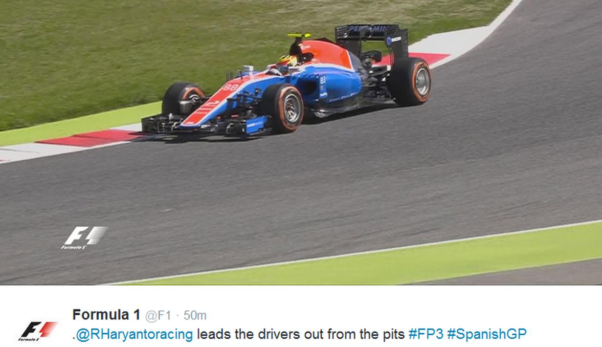 Rio Haryanto menjadi pebalap pertama yang memulai latihan bebas ketiga F1 GP Spanyol di Sirkuit Catalunya, Spanyol, Sabtu (14/5/2016). (Bola.com/Twitter/F1)