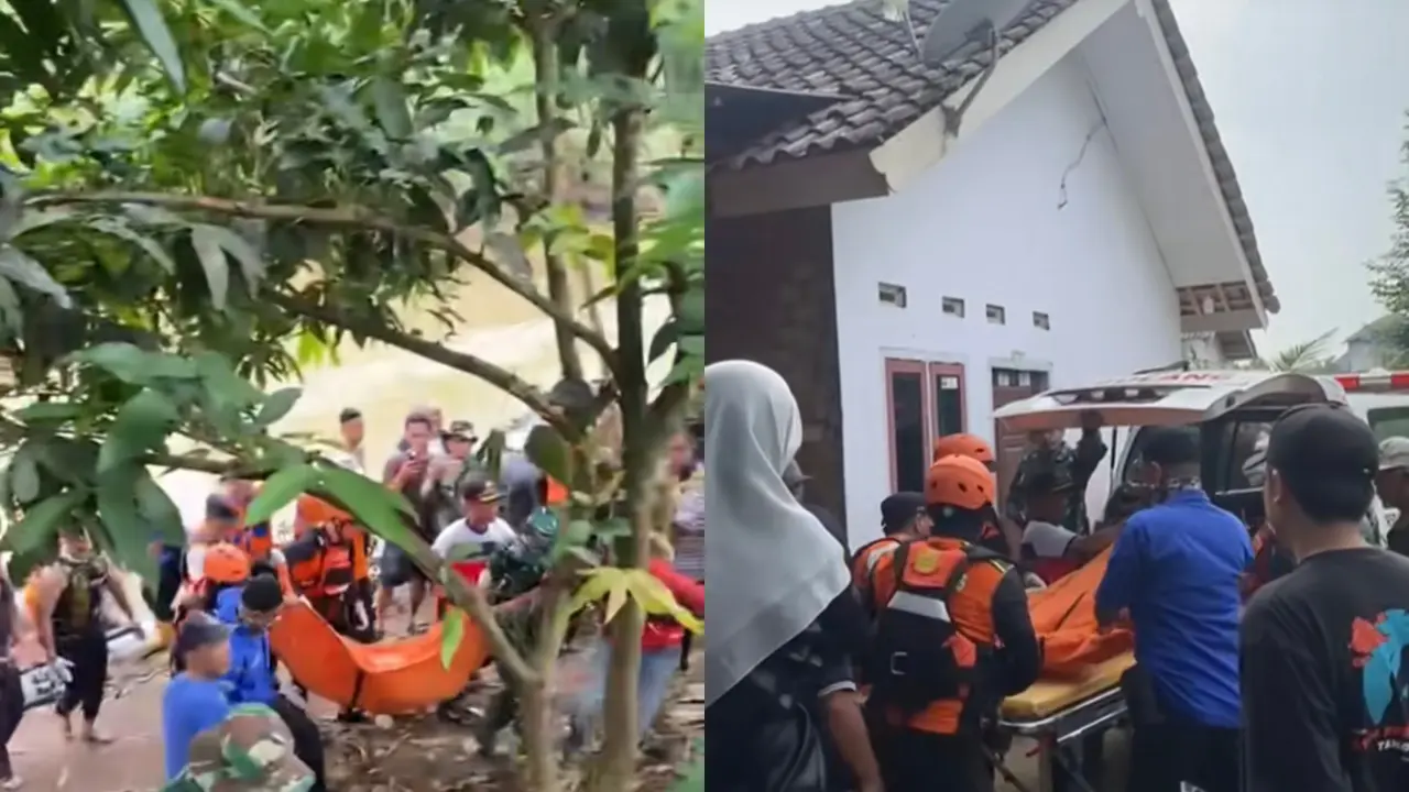 Proses evakuasi jasad terduga penjudi sabung ayam yang tewas tenggelam di sungai saat digerebek polisi di Lampung Utara