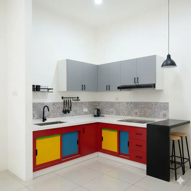 Desain Dapur Kecil Bentuk L dengan Penutup Kolong