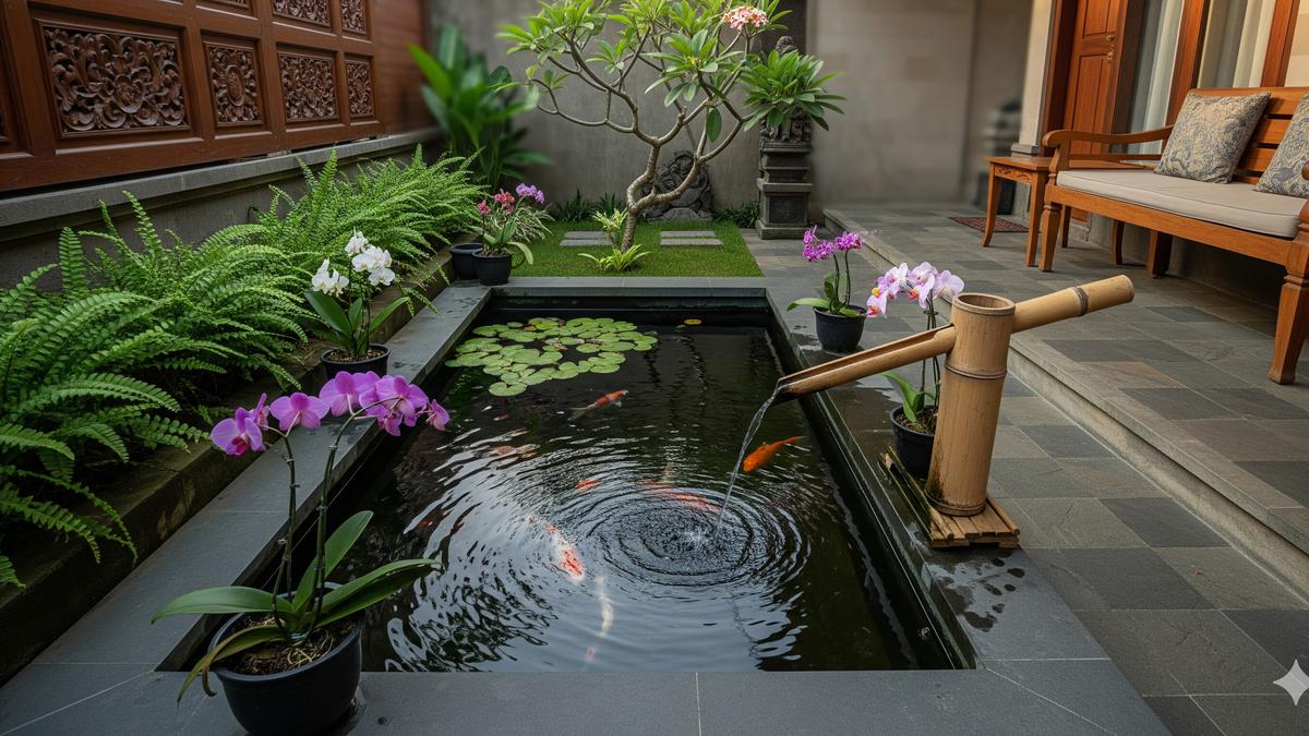 8 Model Kolam Ikan Mini Ornamen Bambu di Teras Rumah yang Klasik tapi Segar, Menenangkan