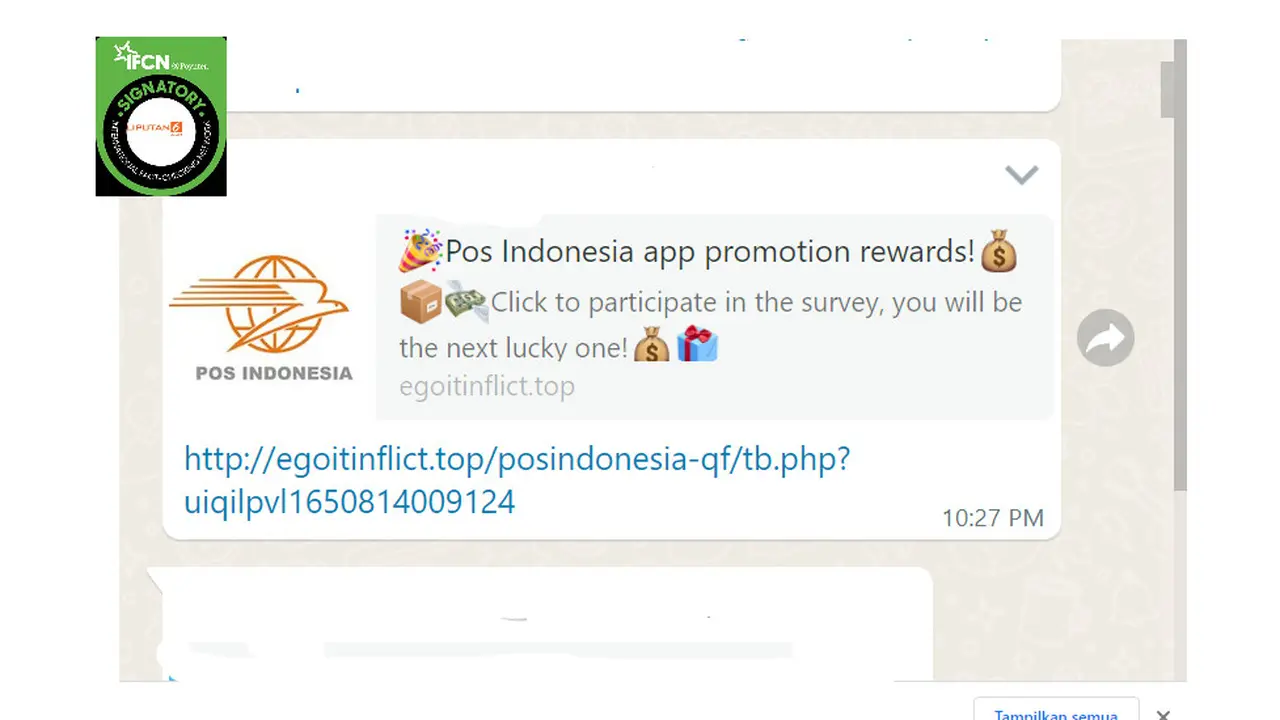 Tangkapan layar klaim hoaks pembagian subsidi dari PT Pos Indonesia