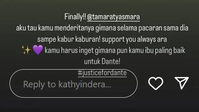 Unggahan Kathy Indera untuk mendukung Tamara Tyasmara. (Instagram/ kathyindera)