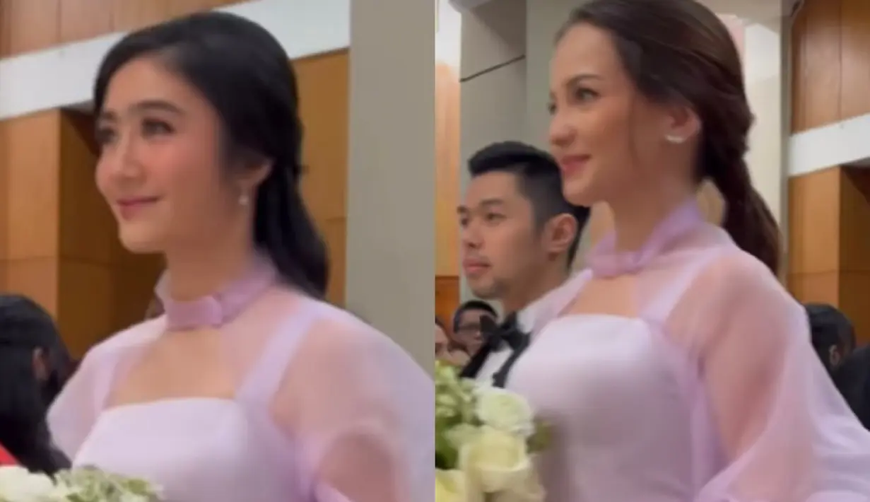 Febby Rastanty dan Enzy Storia dipercaya mengiringi Jessica ke altar, keduanya tampil elegan dengan dress bodycon ungu dengan lengan organza. Credit: (@thebridestory)