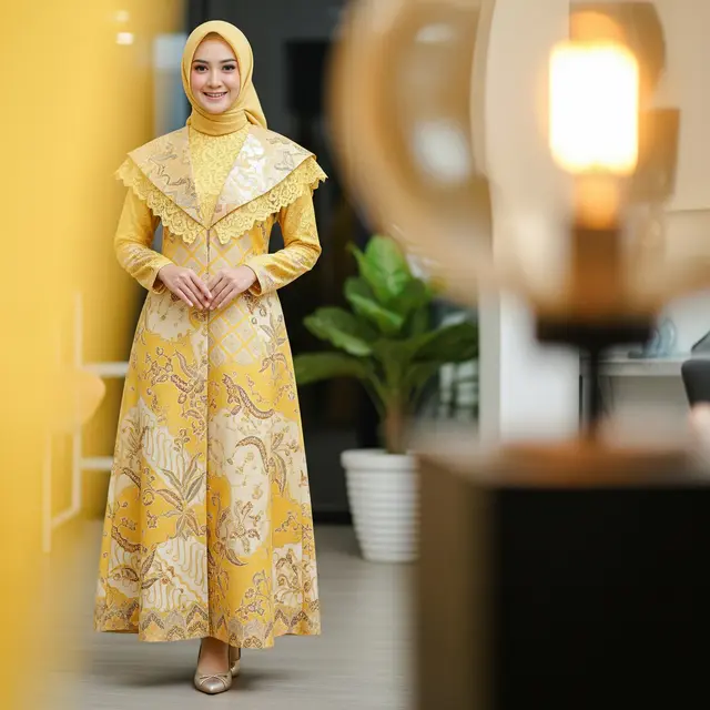 Model Gamis Batik Brokat Soft Yellow Terbaru untuk Ramadan 2026