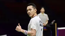 Ekspresi tunggal putra Indonesia, Jonatan Christie, pada babak pertama Kejuaraan Dunia BWF 2026 di India, Selasa (18/8/2026). (PBSI