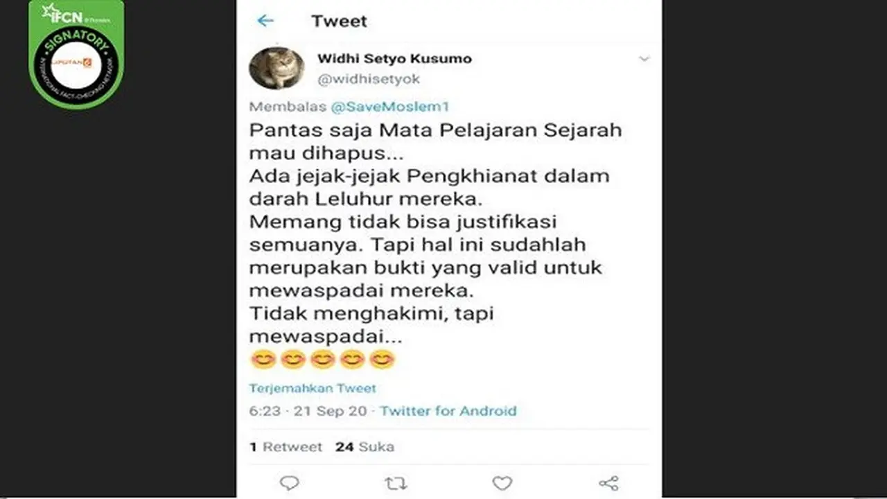 Gambar Tangkapan Layar Kabar tentang Pelajaran Sejarah akan Dihapus (sumber: Twitter)