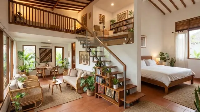 Desain rumah kecil dengan kamar di lantai atas dan cocok untuk keluarga berkarier model rumah dengan area keluarga di lantai atas