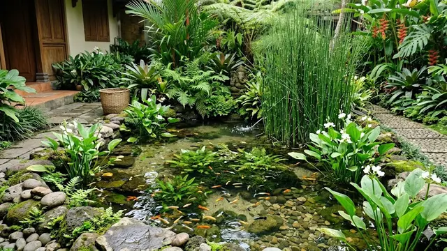 Desain Kolam Ikan Dangkal yang Menggabungkan Ikan dan Tanaman Hias