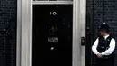 Petugas mengamati Larry, kucing berstatus PNS, yang sedang duduk di luar kantor PM Inggris, Downing Street 10, London, Rabu (13/7). Larry diadopsi dan dibawa ke Downing Street setelah seekor tikus tampak di dua siaran televisi. (Adrian Dennis/AFP)