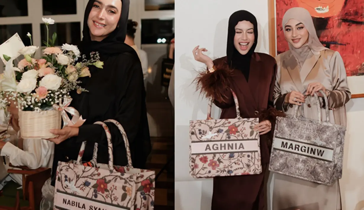 Momen kebersamaan Nabila dan Margin terukir ketika keduanya menghadiri acara Celestial Banquet Dinner. Bisnis baru yang diberi nama Margin Shawl itu merupakan hasil kolaborasi dengan Aghnia. Mereka tampak membawa tas suvenir yang bertuliskan nama masing-masing. (Liputan6.com/IG/@emyaghnia)
