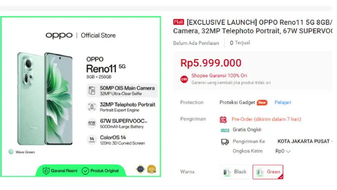 <p>Harga Oppo Reno 11 5G di Shopee Oppo Indonesia Official Store</p>