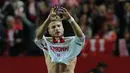 Ekspresi Ciro Immobile setelah mencetak gol ke gawang Real Madrid dalam laga La Liga Spanyol di Stadion Ramon Sanchez Pizjuan, Sevilla, Senin (9/11/2015) dini hari WIB. (AFP Photo/Cristina Quicler)