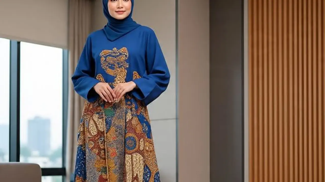 Ilustrasi Dress Batik Kombinasi Polos (Sumber Gambar: Meta AI)