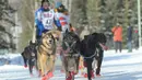 Penggembala Iditarod, Mishi Konno dan gerombolan anjingnya mengikuti perlombaan kereta luncur anjing Trail Iditarod di Anchorage, Alaska, 2 Maret 2019. Perlombaan tahunan itu diadakan dengan menempuh jarak sejauh 1.609 km ke kota Nome (AP/Michael Dinneen)