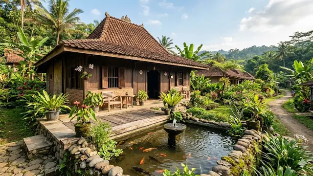 10 Desain Rumah Desa Sederhana dengan Pancuran Mini di Teras, Nuansa Relaksasi