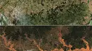 Kombinasi gambar yang dibuat pada 7 Mei 2024 ini menunjukkan gambar satelit handout milik Maxar Technologies dari Copernicus Sentinel-2 yang menunjukkan gambaran area luas sebelum banjir (atas) pada 21 April 2024, dan setelah banjir pada 7 Mei 2024 , di sepanjang Sungai Jacui, di Rio Grande Do Sul, Brasil. (Photo by Handout / Satellite image ©2024 Maxar Technologies / AFP)