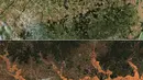 Kombinasi gambar yang dibuat pada 7 Mei 2024 ini menunjukkan gambar satelit handout milik Maxar Technologies dari Copernicus Sentinel-2 yang menunjukkan gambaran area luas sebelum banjir (atas) pada 21 April 2024, dan setelah banjir pada 7 Mei 2024 , di sepanjang Sungai Jacui, di Rio Grande Do Sul, Brasil. (Photo by Handout / Satellite image ©2024 Maxar Technologies / AFP)