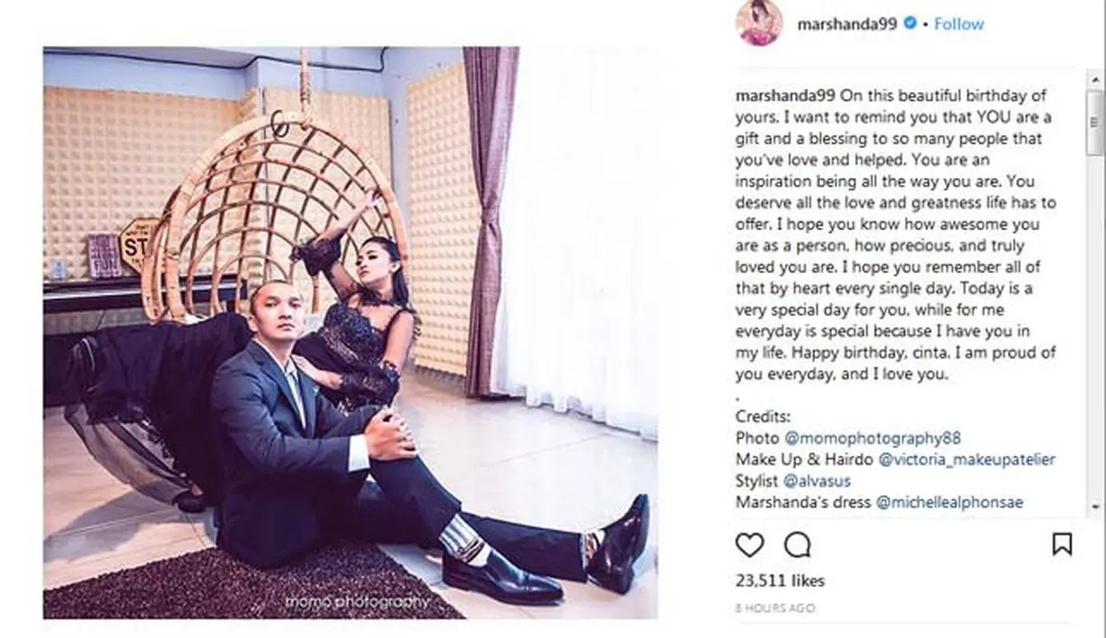 “Di hari ulangtahunmu ini aku ingatkan bahwa kamu adalah hadiah dan anugerah untuk banyak orang yang telah kamu cintai dan kasihi. Kamu menginspirasi mereka dengan menjadi dirimu sendiri,” tulis Marshanda. (Instagram/marshanda99)