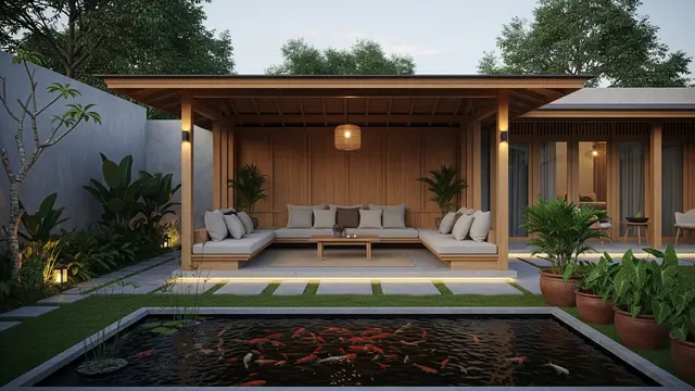 Inspirasi Ruang Santai Bergaya Pendopo Minimalis Model Menghadap Kolam atau Unsur Air