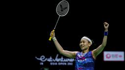 Pebulu tangkis tunggal putri Taiwan, Tai Tzu Ying melakukan selebrasi usai mengalahkan pebulu tangkis tunggal putri China, Wang Zhi Yi pada babak final di Istora Senayan, Jakarta, Minggu (19/06/2022). (Bola.com/Bagaskara Lazuardi)