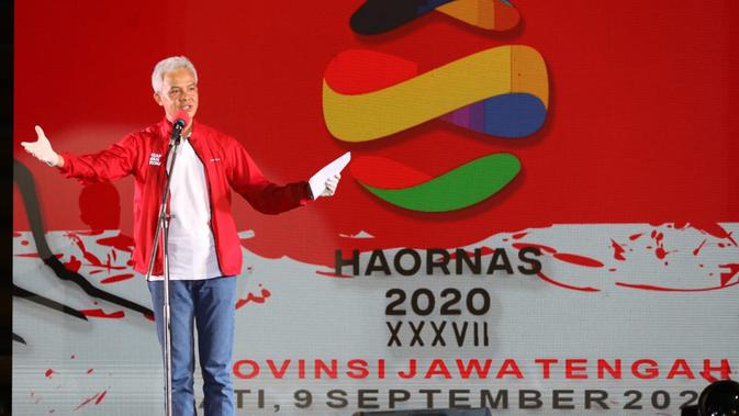 Gubernur Jawa Tengah Ganjar Pranowo di Peringatan Hari Olahraga Nasional (Haornas) ke 37 yang berlangsung GOR Pesantenan Kabupaten Pati, Rabu (9/9/2020)