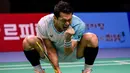 Jonatan Christie sukses merebut gelar juara Korea Open 2025 di sektor tunggal putra usai meredam perlawanan Anders Antonsen dari Denmark di final turnamen bulu tangkis Korea Open di Suwon, Korea Selatan pada Minggu 28 September 2025. (ANTHONY WALLACE/AFP)