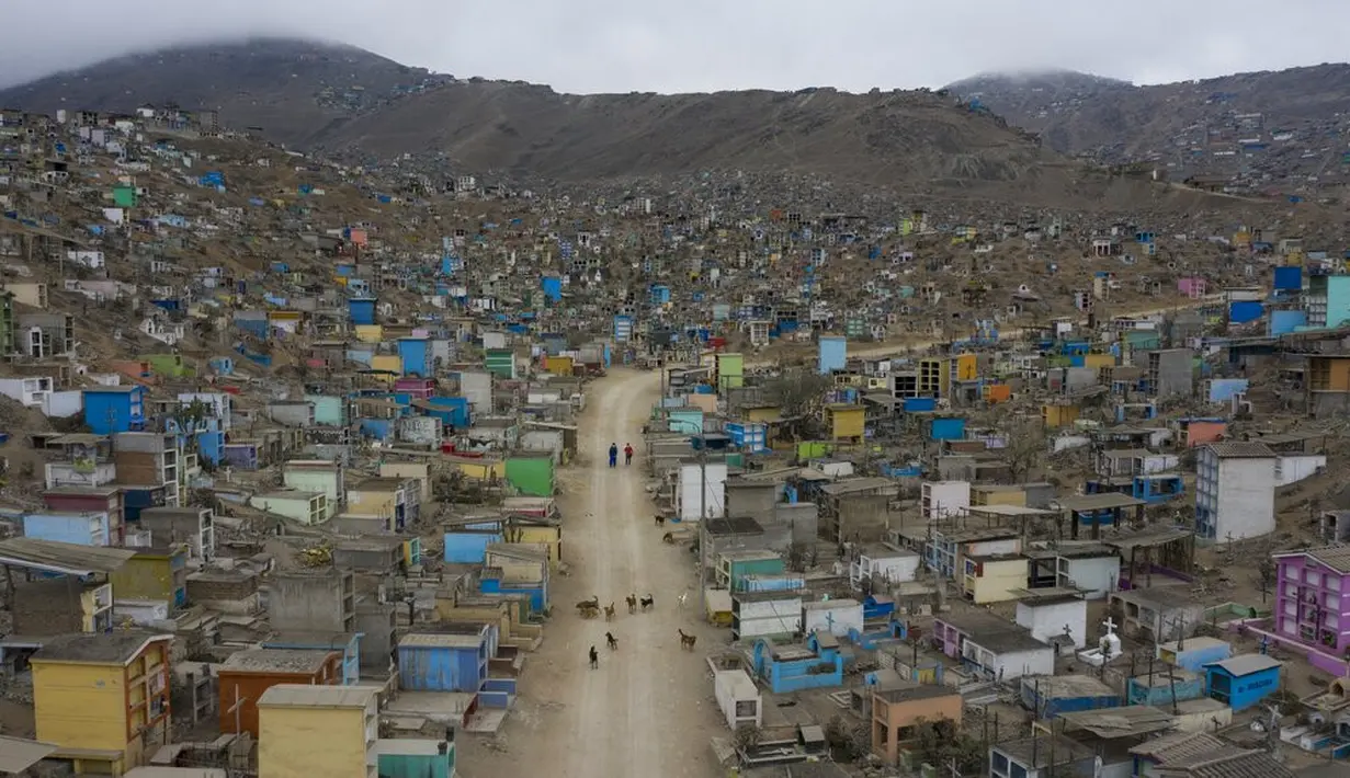 Pekerja pemakaman berjalan dengan anjing mereka di Pemakaman Nueva Esperanza, Lima, Peru, Minggu (1/11/2020). Untuk membantu mencegah penyebaran COVID-19, pihak berwenang menutup semua pemakaman secara nasional selama perayaan Day of the Dead. (AP Photo/Rodrigo Abd)