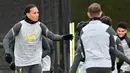 Bek Liverpool Virgil van Dijk (kiri) menghadiri sesi latihan di tempat latihan mereka di Kirkby, utara Liverpool, 15 Februari 2021. Liverpool akan melawat ke markas Inter Milan pada leg pertama babak 16 besar Liga Champions 2021/22, Kamis 17 Februari 2022. (Paul ELLIS / AFP)