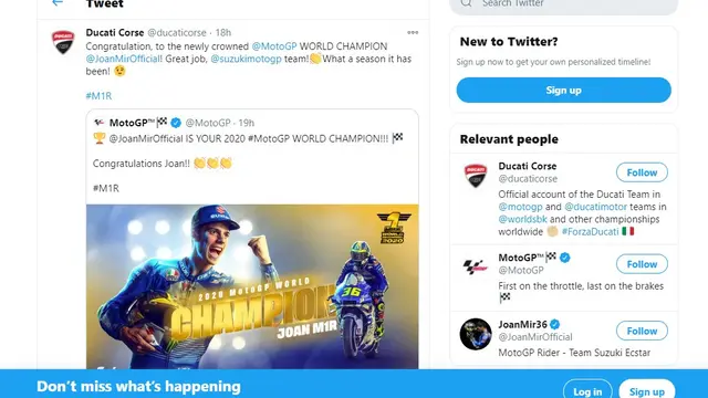 Ucapan selamat kepada Joan Mir usai merebut gelar juara dunia MotoGP 2020